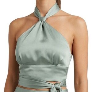 ASOS DESIGN Sage Green Satin Halter Neck Wrap Top Womens Size 6 US Coquette Boho